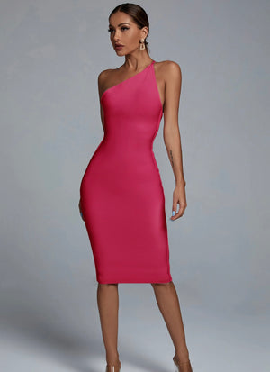 Jenna One Shoulder Midi Bandage Dress - Hot Pink
