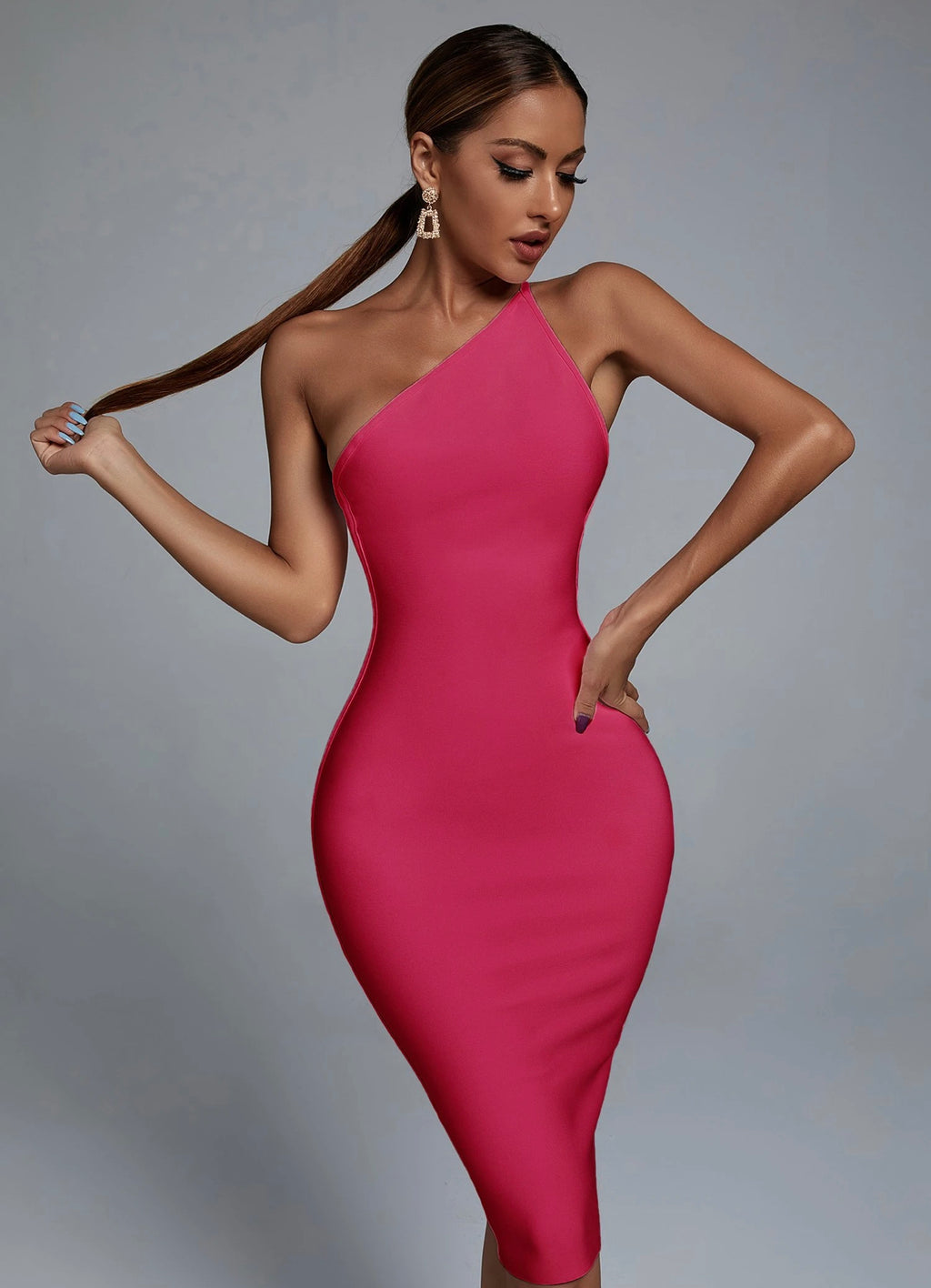 Jenna One Shoulder Midi Bandage Dress - Hot Pink